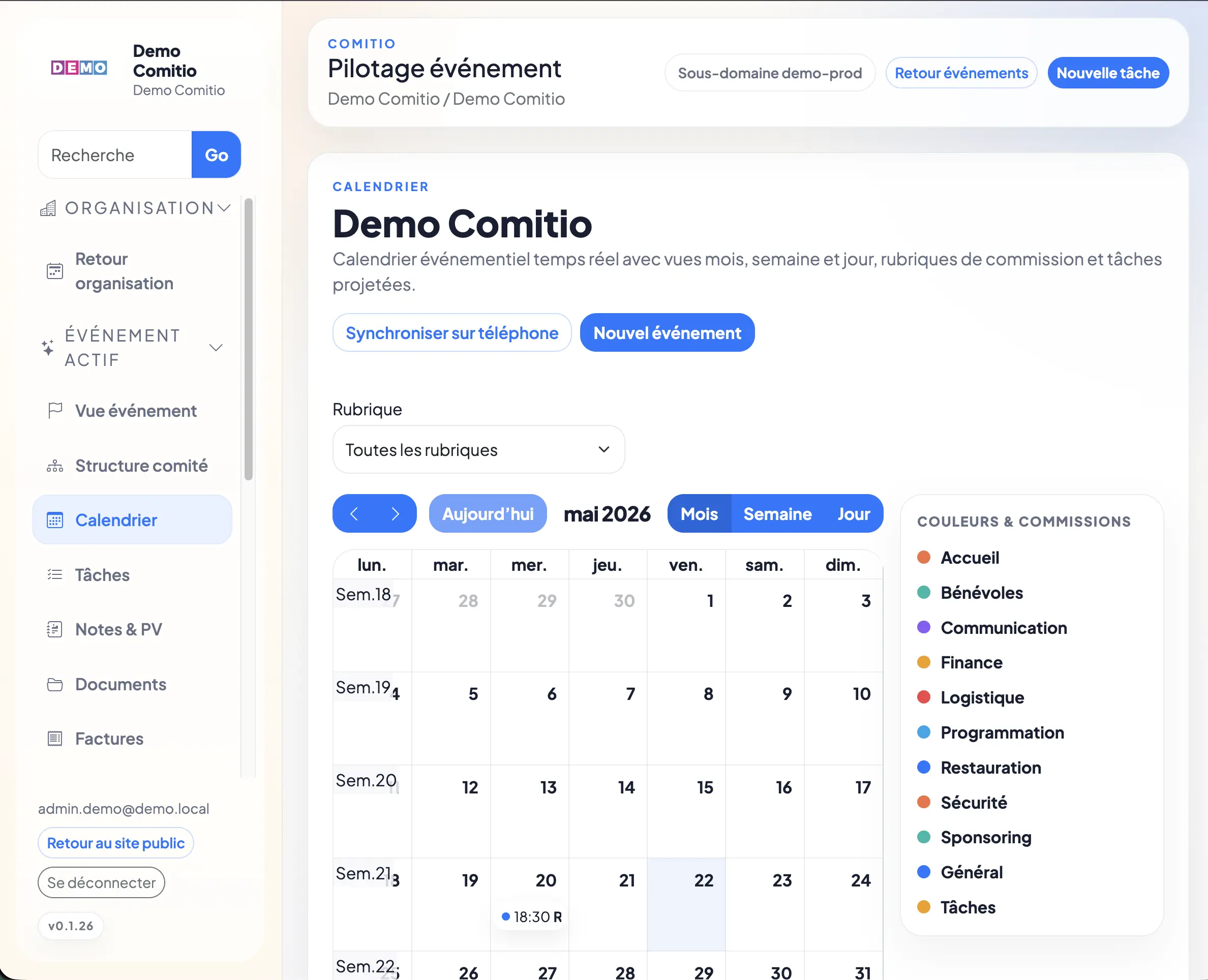 Vue calendrier du logiciel Comitio